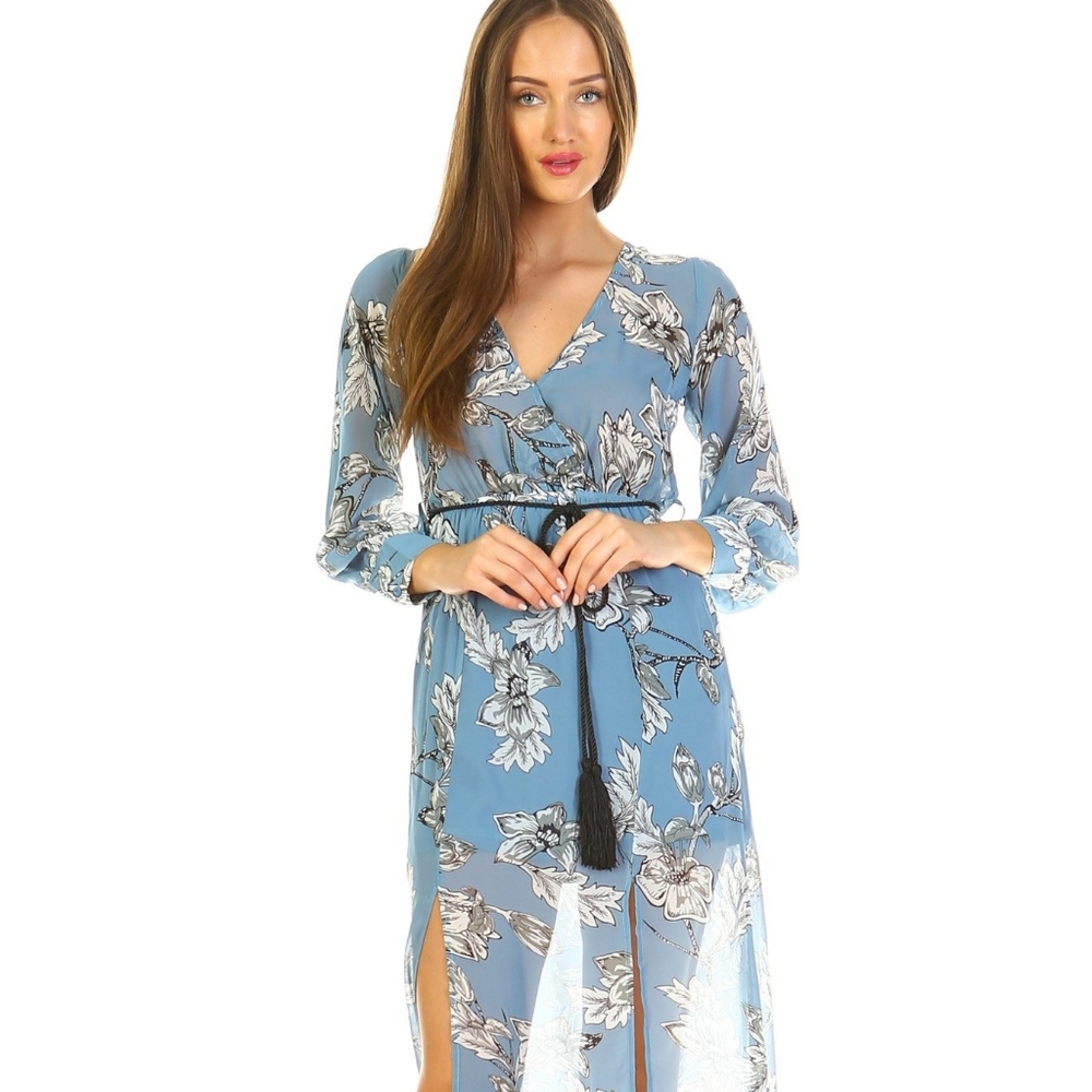 Women's Long Sleeve V-Neck Floral Belted Maxi with